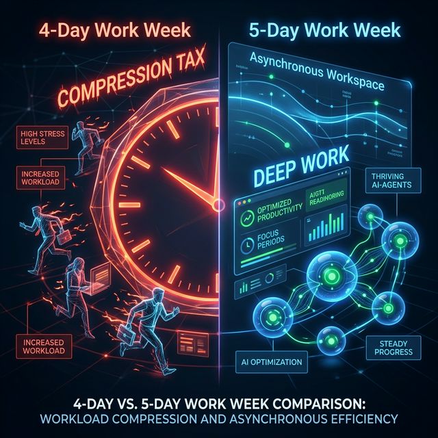 A high-tech digital visualization comparing a stressed 4-day 'Compression Tax' environment with a thriving asynchronous 5-day optimized workspace.
