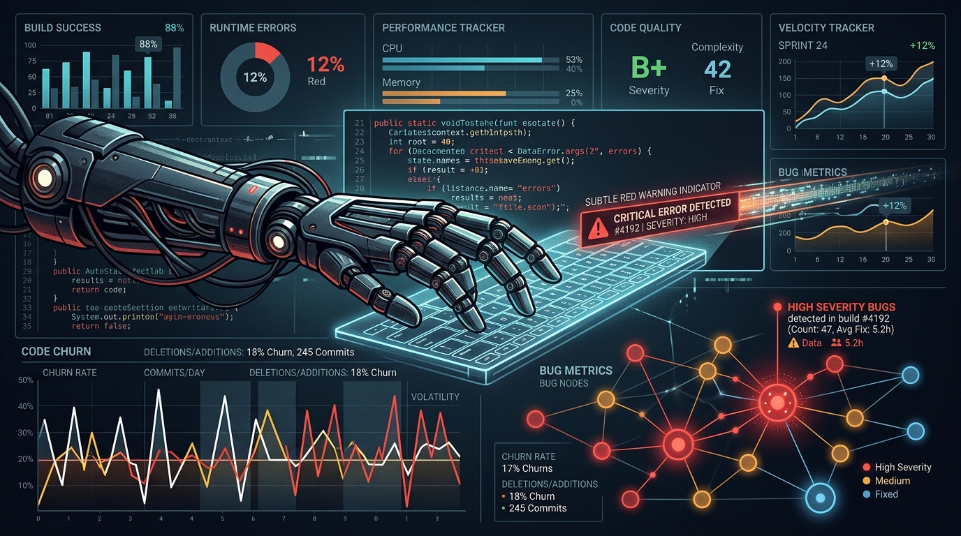 Dark mode telemetry dashboard visualizing AI code churn, bug rates, and repository technical debt.