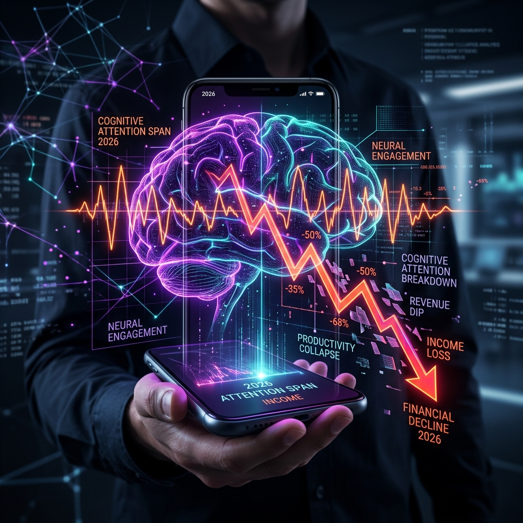 Dark high-tech conceptual visualization of a human brain integrated with digital neural pathways, showing a downward-trending red financial chart and income loss, representing the 2026 focus deficit.