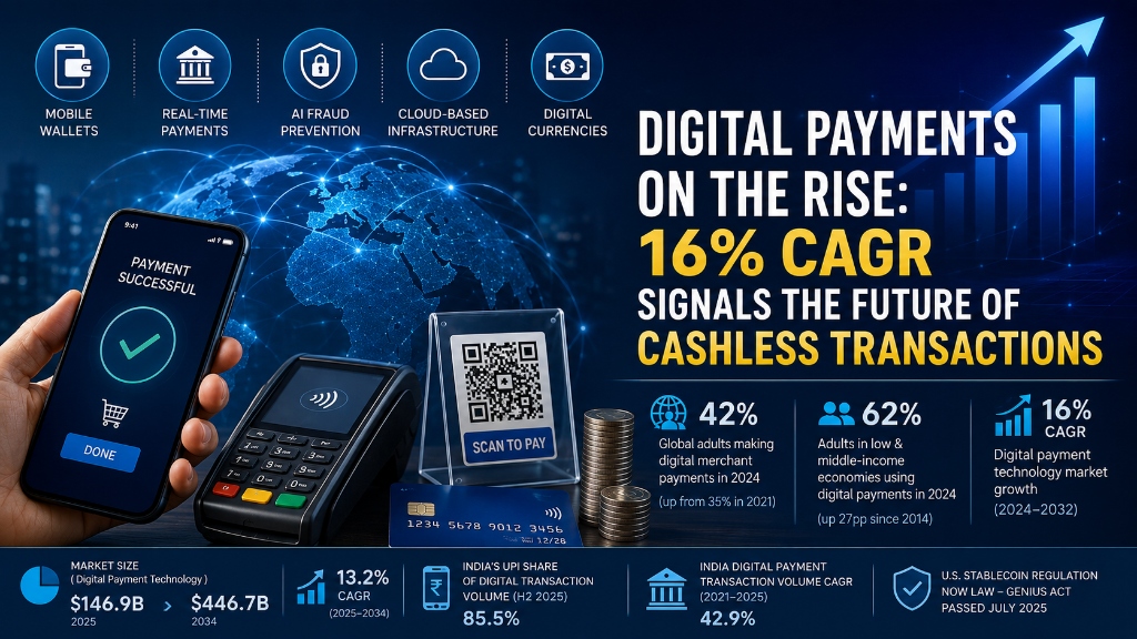 Infographic showing digital payments market growth, 16% CAGR, World Bank Global Findex data, and UPI transaction metrics.