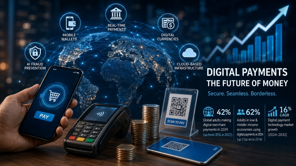 Detailed infographic covering digital wallet growth, real-time rails, and cloud deployment.