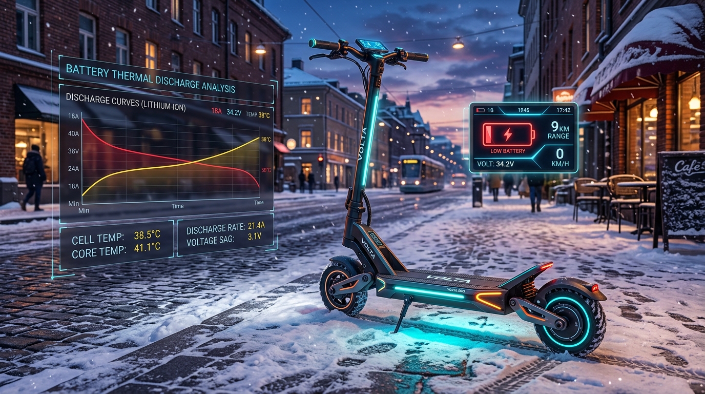 Electric scooter parked in winter showing low battery telemetry overlay
