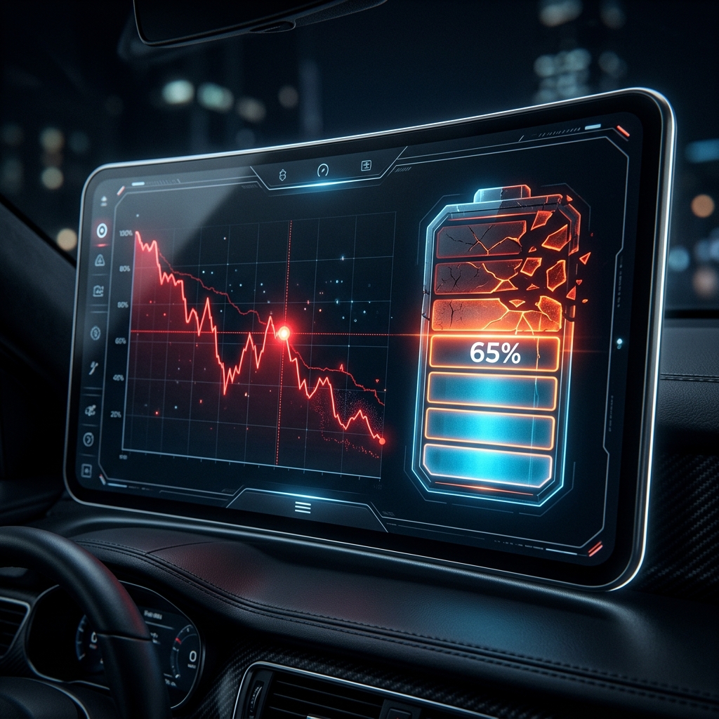 Visualization showing an electric vehicle charging dashboard indicating a decaying battery cell and a downward trending line graph representing used car value depreciation.