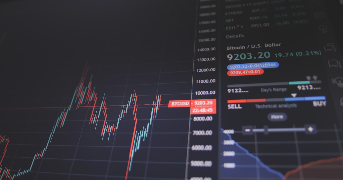 Digital stock market tickers and graphs showing growth and yield.