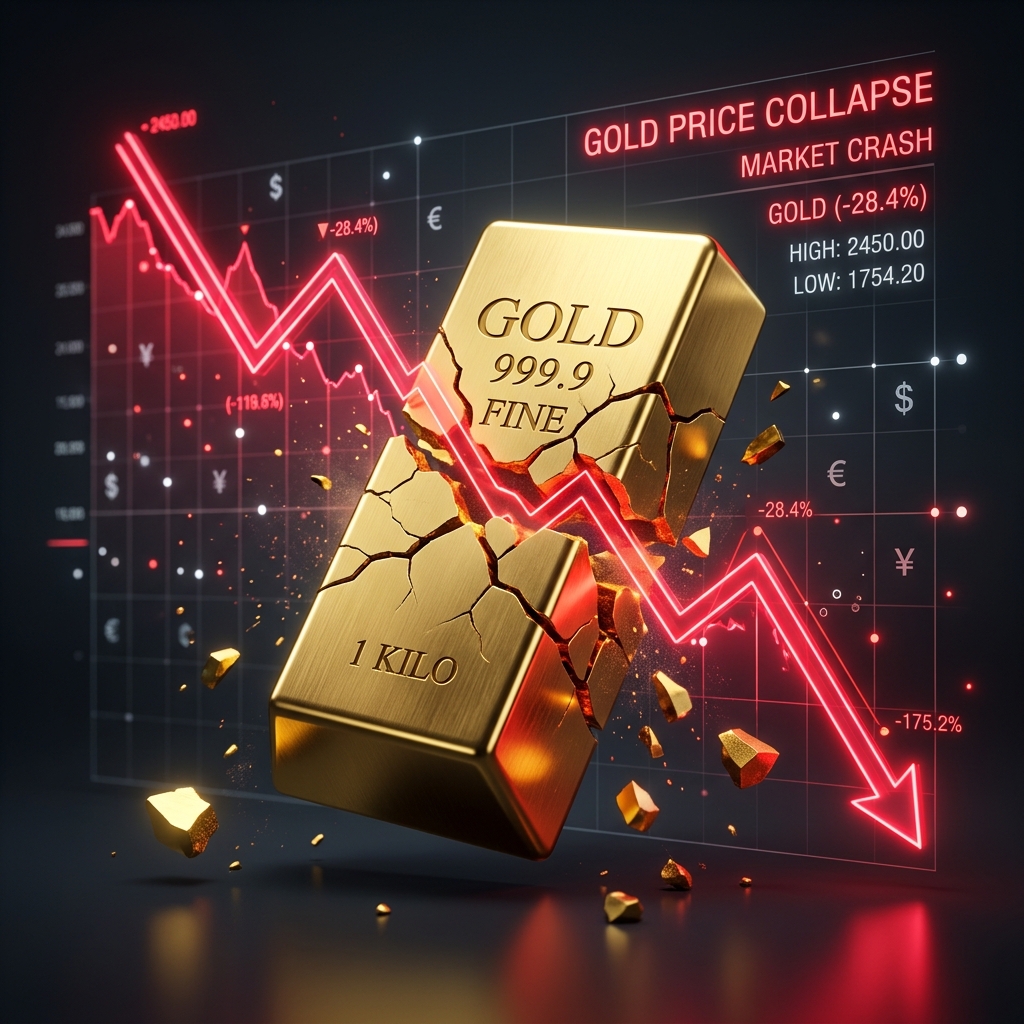 Visualization showing a cracked golden bar with a red downward trendline graph, representing the 2026 gold price correction.