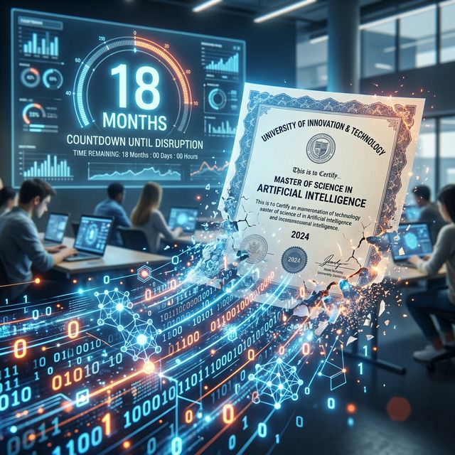 A high-tech digital visualization of a university degree disintegrating into digital binary code.