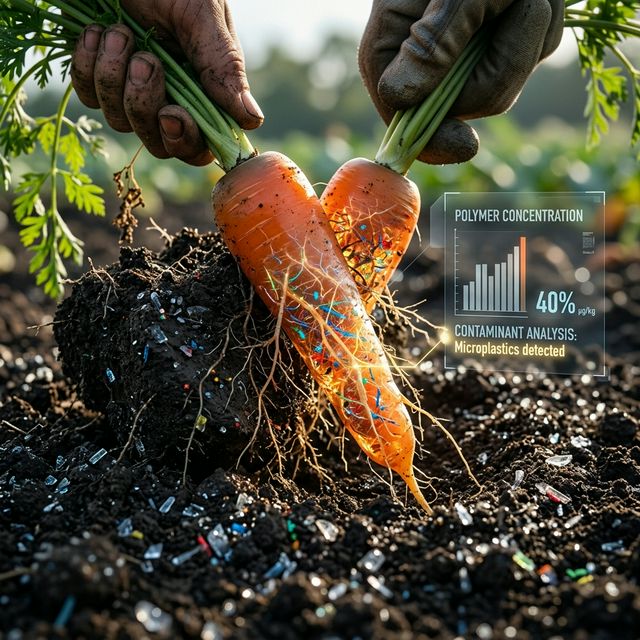 Visualization of microplastics embedded in organic carrot roots with 2026 data overlays.