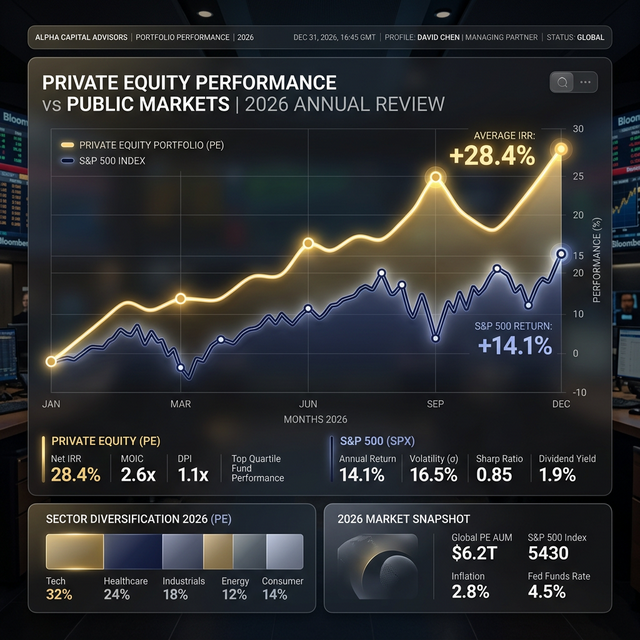 Financial dashboard comparing Private Equity performance with S&P 500 in 2026.