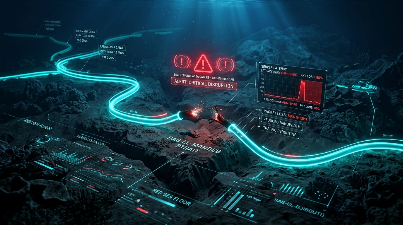 A high-tech digital map of the Red Sea subsea cables showing severed fiber optic lines, latency graphs spiking above 300ms, and packet loss callouts.