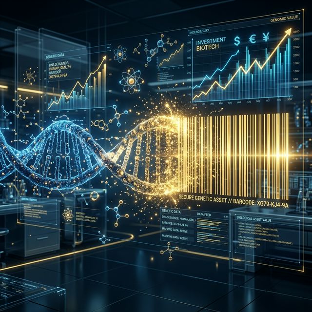Visualization of a human DNA strand being transformed into a digital barcode with 2026 market data.