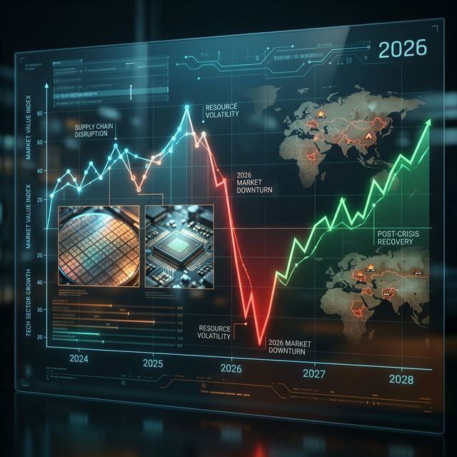 A financial chart showing a sharp red dip in 2026 followed by a green recovery arc, overlaid with images of high-end silicon wafers and conflict-zone maps.
