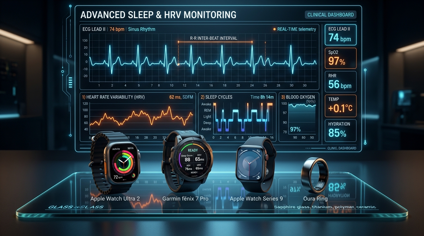 A high-tech clinical testing laboratory showing Apple Watch Ultra 2, Garmin Fenix 8, and Oura Ring Gen 3 next to real-time electrocardiogram and polysomnography telemetry monitors.