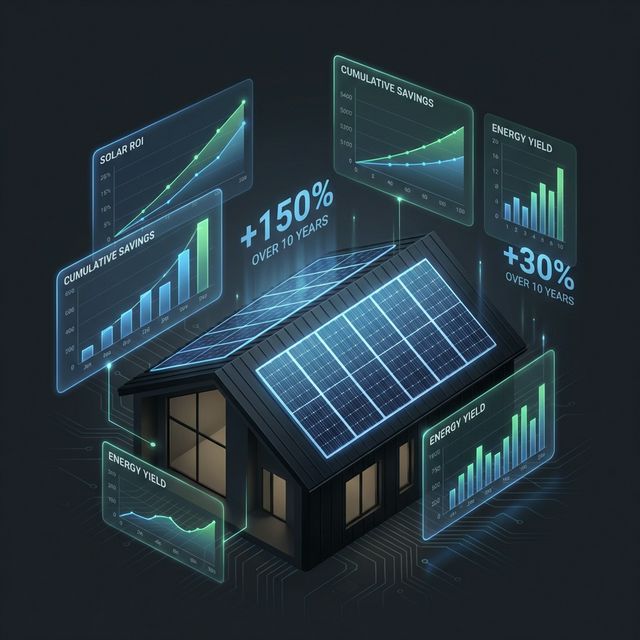 Holographic financial charts projecting solar panel ROI and cumulative savings over a modern smart home roof.