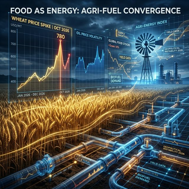 A high-tech digital visualization of a golden wheat field intertwined with glowing oil pipelines and data-driven price charts.