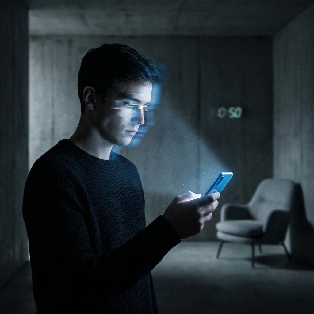 Young person staring at a phone in a dark room